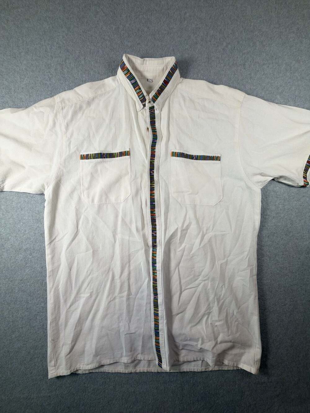 Artesanal Mexican Guayabera Manta Shirt with Colorful Trim